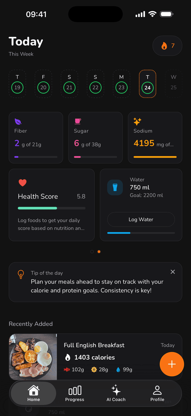 Healthy&Fit dark mode meal insights screen